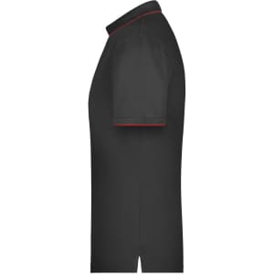 A black polo shirt with short sleeves and red detailing along the collar, featuring a logo.