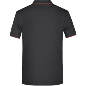 A black polo shirt featuring red stripe details, with a classic collar and short sleeves. It has a logo on the front.