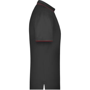 A side view of a black men's polo shirt with red stripe detailing and a collar. It features a logo.