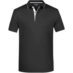 A black polo shirt with a white collar and button detail, featuring a logo.
