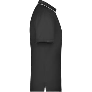 A black men's polo shirt featuring a classic collar and short sleeves, with contrasting trim and a logo.