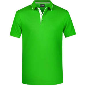 A bright green polo shirt featuring a contrasting white collar and branding.