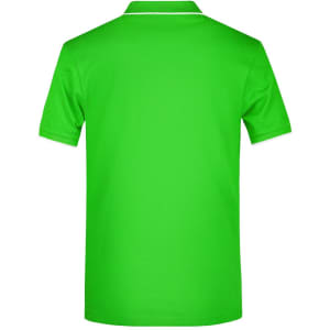 A bright green polo shirt with a collar and contrasting trim. The back features a logo.