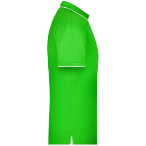 A green polo shirt with short sleeves and a white collar, featuring a logo on the front.