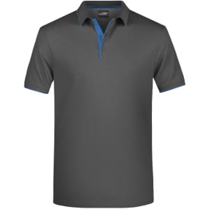 A grey polo shirt with blue trim and a collar, featuring a logo on the chest.