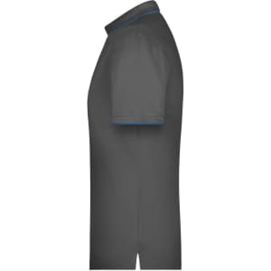 A side view of a grey polo shirt featuring a blue collar and an embroidered logo.