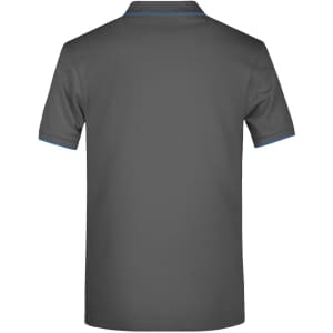 A grey polo shirt featuring a collar and short sleeves, with blue detailing and a logo on the front.