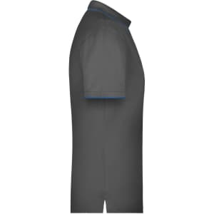 A grey men's polo shirt with a blue collar, featuring a logo on the chest.