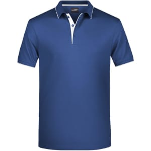 A blue polo shirt featuring a contrasting white collar and placket, with branding on the chest.