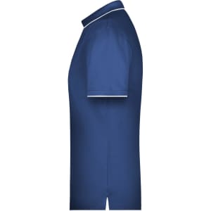 A men's polo shirt in navy blue with a contrasting collar and sleeve trim, featuring a logo on the chest.