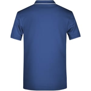 A navy blue polo shirt featuring a classic collar and a logo on the back.