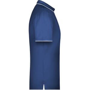 A navy blue polo shirt with a white collar featuring a logo. Side view displaying short sleeves and hem.