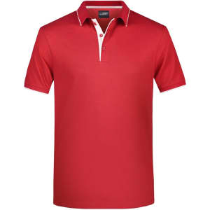 A red polo shirt with a white collar and detailing, featuring a logo on the chest.