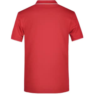 A plain red polo shirt with a collar and a logo on the back.