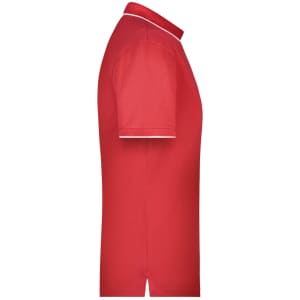 A red polo shirt with a collar, short sleeves, and a contrasting trim, featuring a logo.