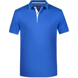 A bright blue men's polo shirt with a white collar and buttons, featuring a logo on the chest.