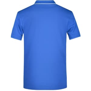 A bright blue men's polo shirt featuring a classic design and a contrasting collar, with a logo present.