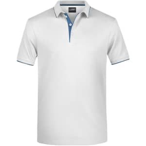 A white polo shirt with a blue collar and trim, featuring a logo on the chest.