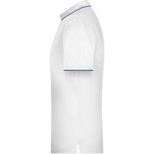 A white polo shirt with blue accents, featuring short sleeves and a standard collar. It has a logo on the chest.