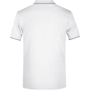 A white polo shirt with a contrasting trim and a logo on the back.
