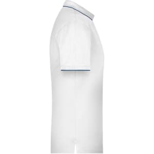 A men's white polo shirt featuring a blue striped collar and sleeves. The shirt has a logo on it.