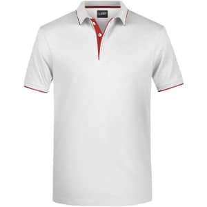 A white polo shirt with a red collar and button placket, featuring a logo on the chest.