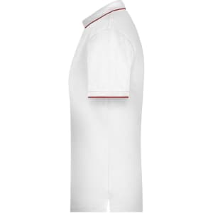 A white polo shirt with short sleeves and red detailing on the collar and sleeves, featuring a logo.