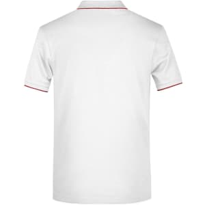 A white polo shirt featuring red accents along the collar and sleeves, with a logo on the chest area.