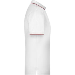 A white men's polo shirt with red stripe detailing and a logo. Side view showcasing the collar and sleeve design.