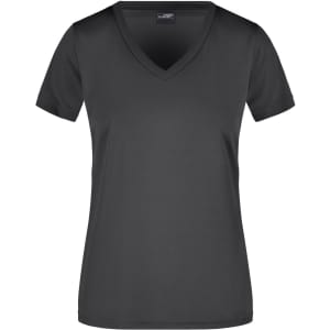 A black ladies’ t-shirt with a V-neck and short sleeves, featuring a logo.