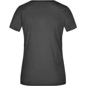 A grey ladies' t-shirt with a round neck and short sleeves, featuring a logo on the back.
