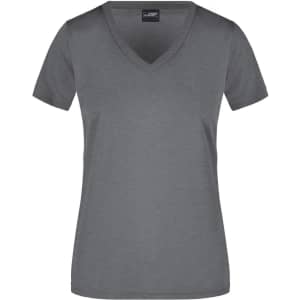 A grey ladies' V-neck T-shirt with short sleeves and a fitted design. Features a logo on the label.