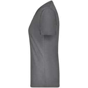 A grey ladies' T-shirt featuring a simple design and a fitted silhouette. It has a branding logo on it.