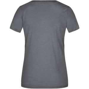 A grey ladies' T-shirt with a short sleeve and a round neckline, featuring a logo on the back.