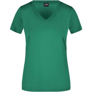 A green ladies’ V-neck active T-shirt featuring a short sleeve design and a branding logo on the label.