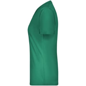 A green women's t-shirt with short sleeves, featuring a fitted design and a logo on the surface.