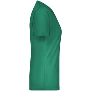 A green women's T-shirt in a fitted style, featuring short sleeves and a subtle logo.