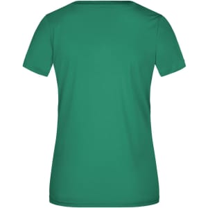 A green women's active t-shirt with a classic short-sleeve design and a smooth back. It features a branding logo.