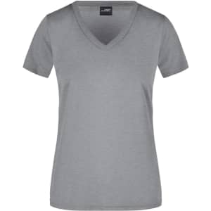 A grey v-neck t-shirt for women featuring short sleeves and a simple design. It includes a logo.