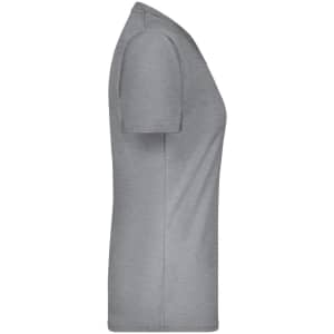 A grey T-shirt with a fitted design and short sleeves, featuring a logo on the front.