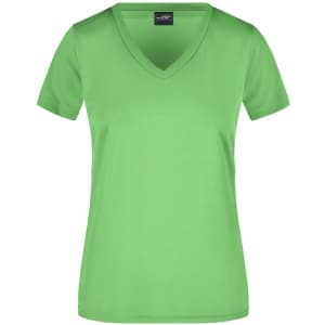 A bright green ladies' T-shirt with a V-neck design and a logo.
