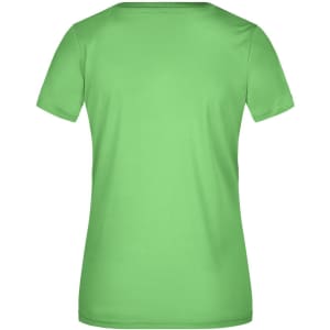 A green women's t-shirt with a short sleeve and a soft, smooth finish, featuring a logo on the back.