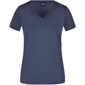 A navy blue Ladies Active-V T-shirt featuring a V-neck design and short sleeves. It has a logo on the label.