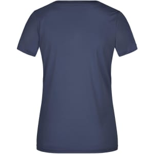 A navy blue ladies' active T-shirt with a smooth fabric and a simple design. It features a logo on the back.