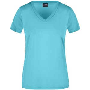 A turquoise ladies' t-shirt featuring a v-neck design and short sleeves. The shirt includes a branding logo.