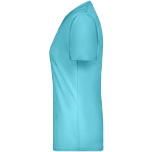 A turquoise ladies t-shirt with short sleeves and a fitted design. It features a logo on the fabric.