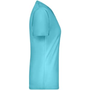 A short-sleeved, turquoise t-shirt with a slim fit design and a logo on the side.