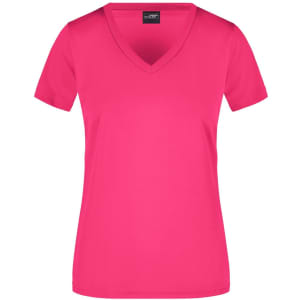 A pink ladies V-neck active t-shirt with short sleeves and a simple design, featuring a logo.