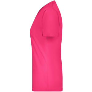 A pink ladies T-shirt with short sleeves and a fitted design, featuring a logo.