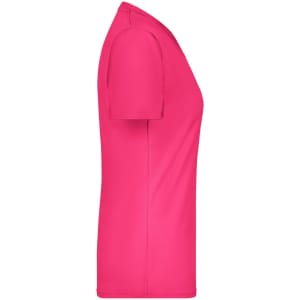 A pink ladies T-shirt with short sleeves, featuring a side view and a logo on the garment.
